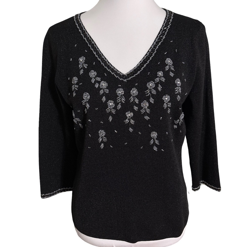 Grace Elements Black V Neck Sweater Silk Silver Accents